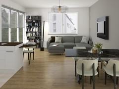 Design for living area with open kitchen - render